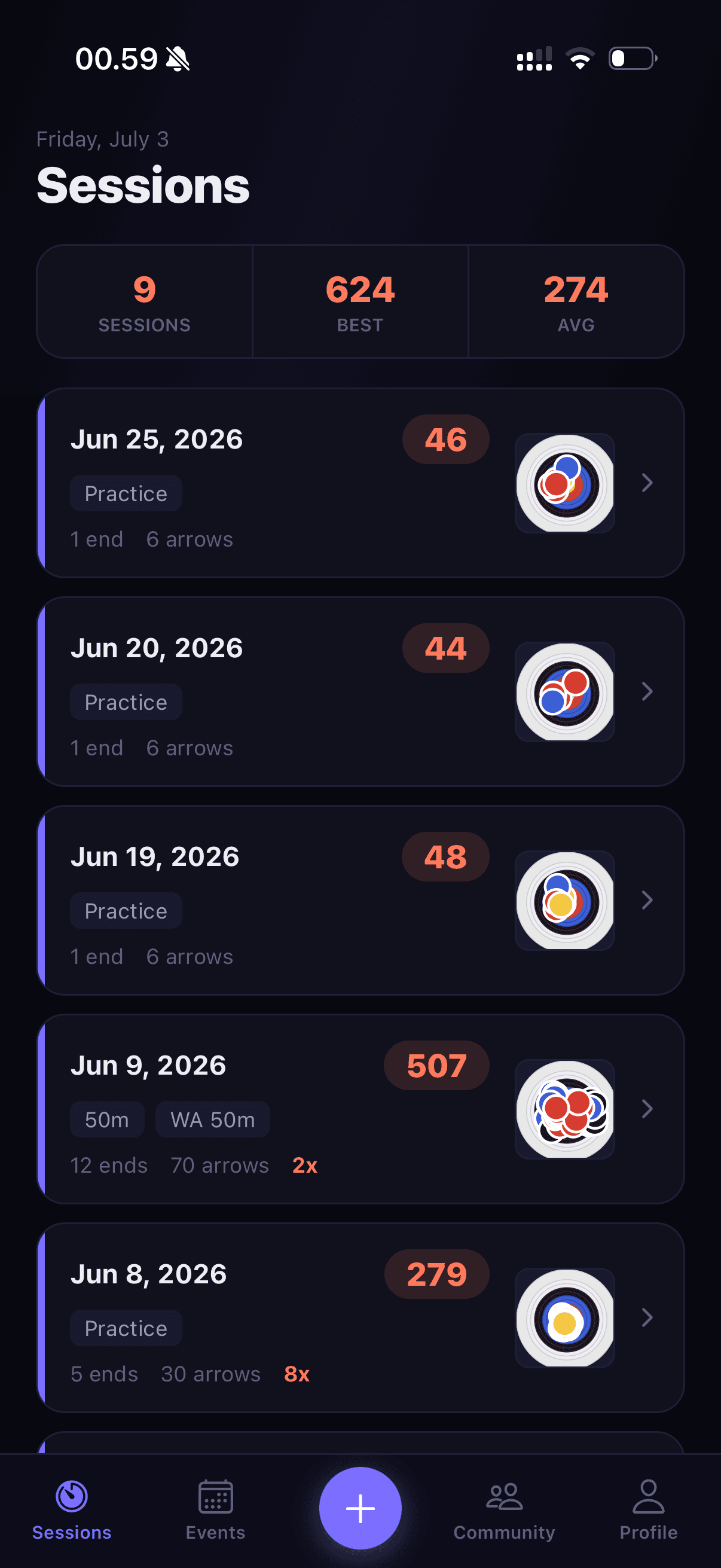 Quivry sessions list — every practice logged