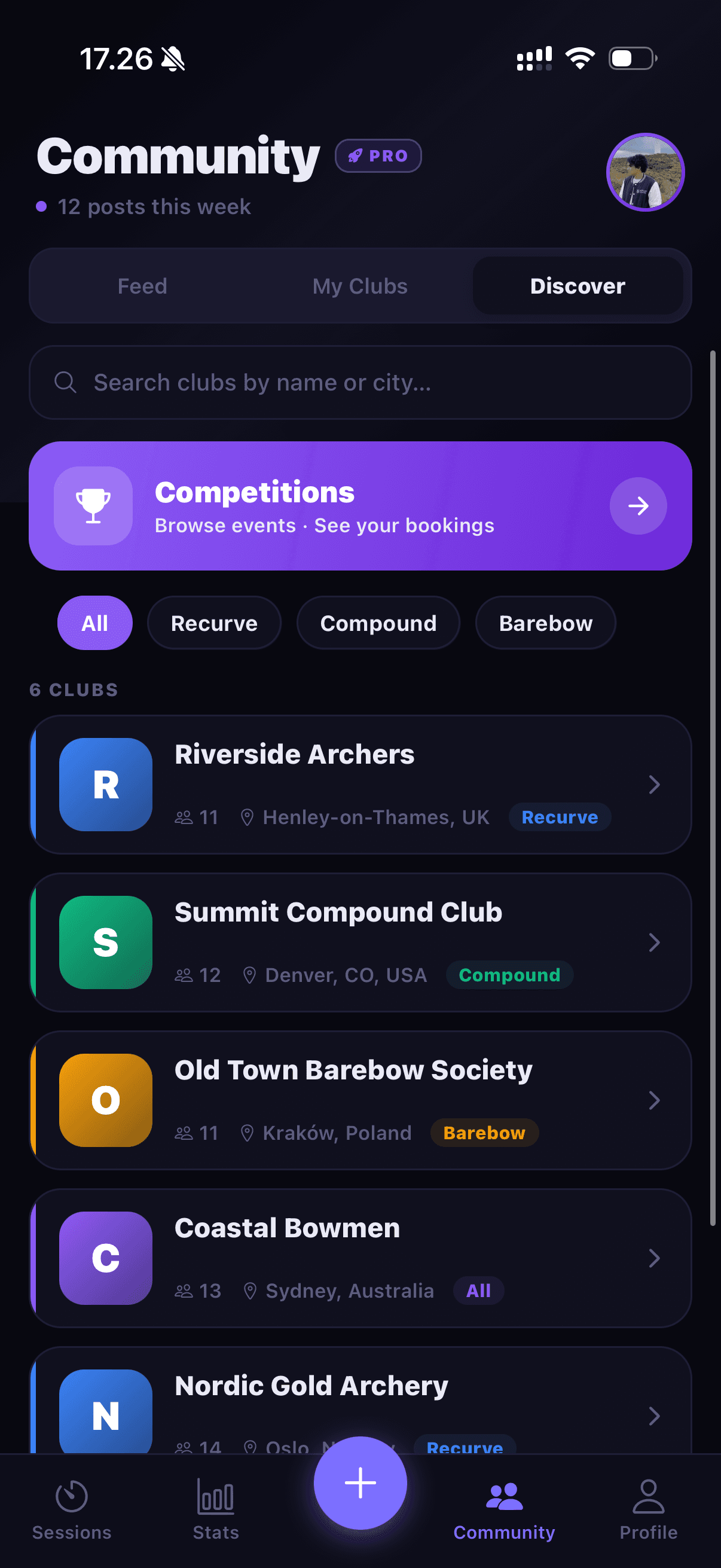 Quivry discover tab — browse competitions and clubs