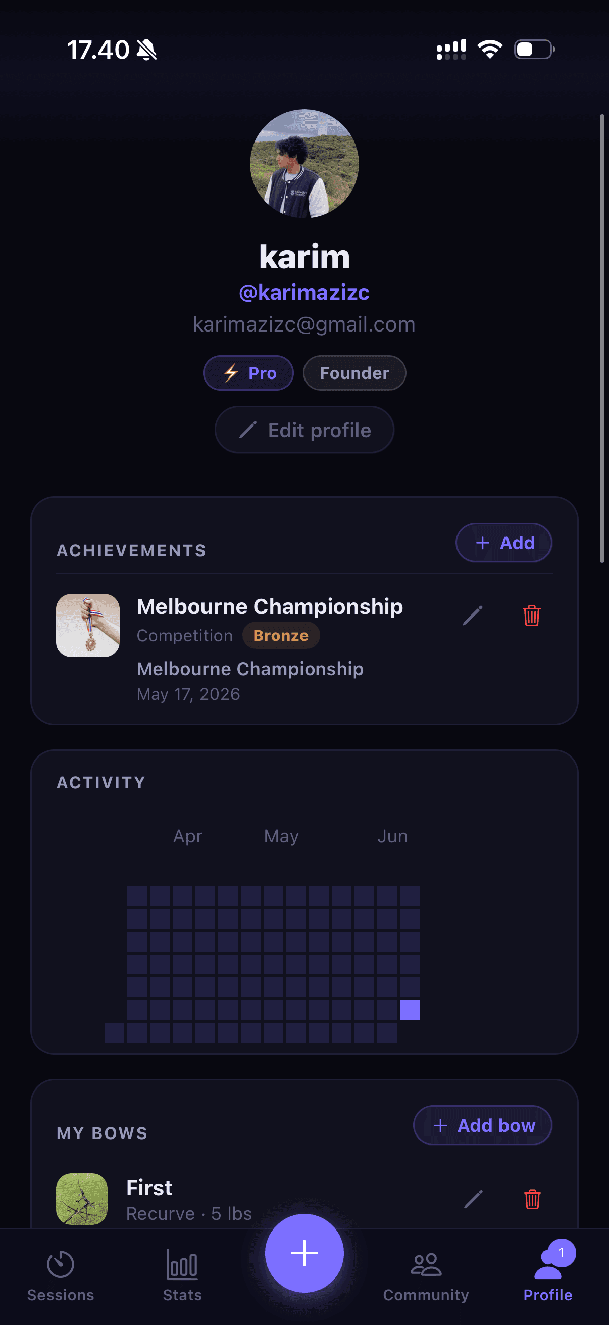Quivry profile — achievements, activity and bows